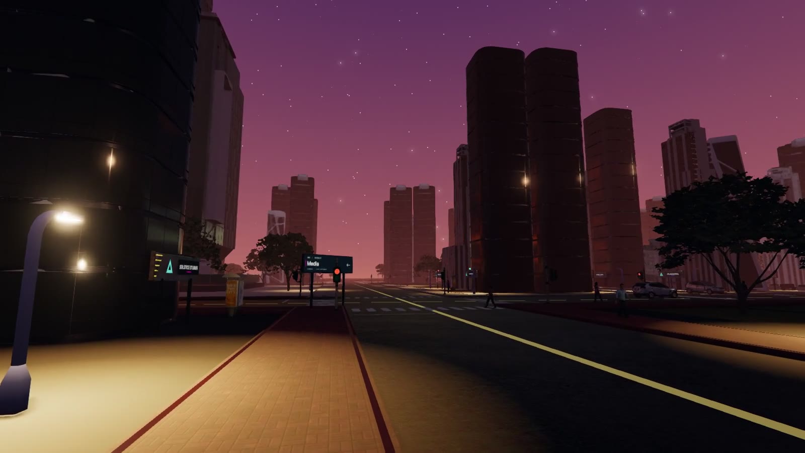 Evening traffic and a route through Twinmark's working city