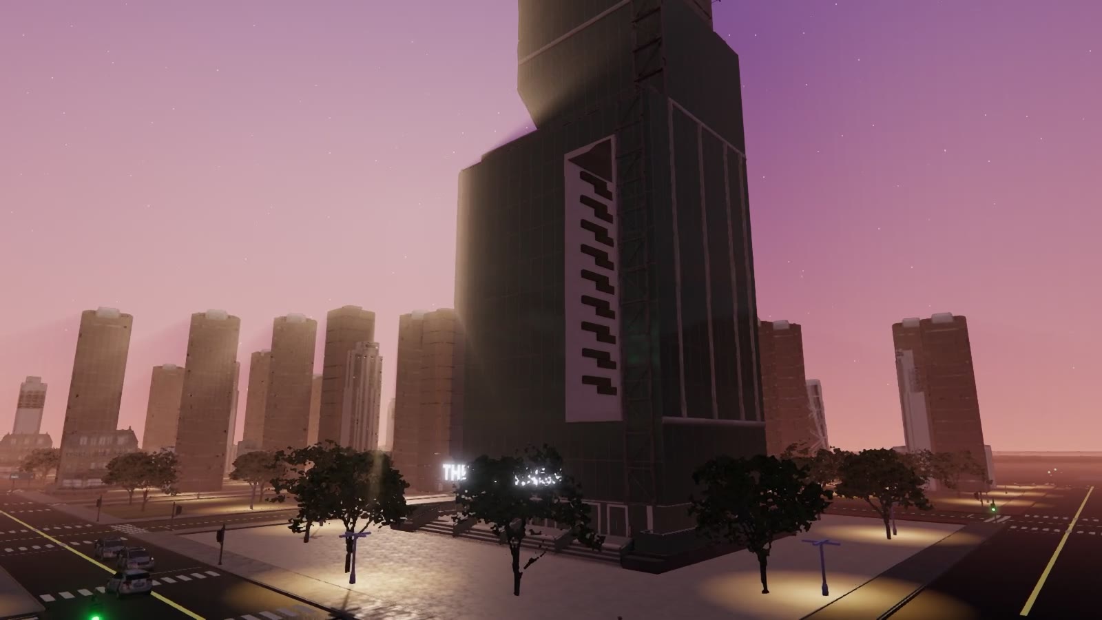Golden-hour light over Twinmark's company towers and financial district
